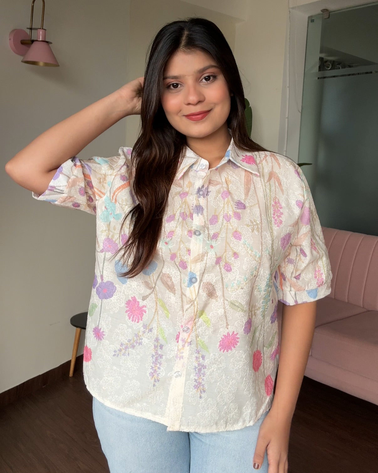Cut Sleeves Minimal Embroidery Floral Detailing Button Up Shirt