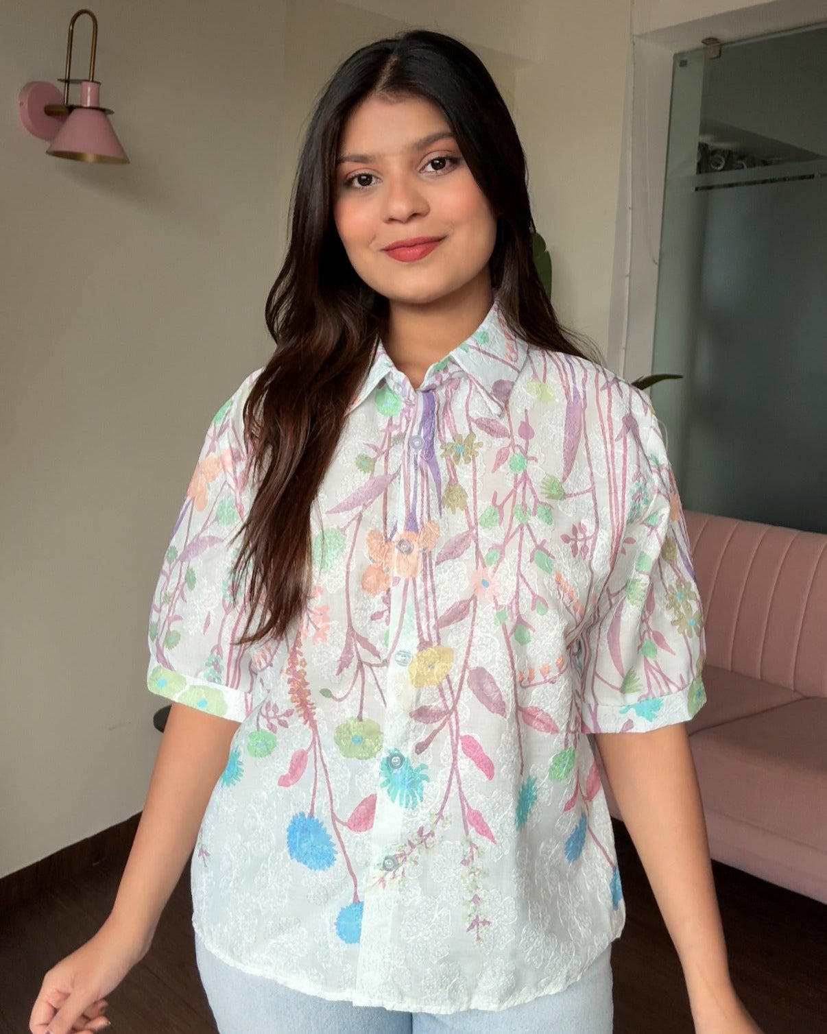 Cut Sleeves Minimal Embroidery Floral Detailing Button Up Shirt