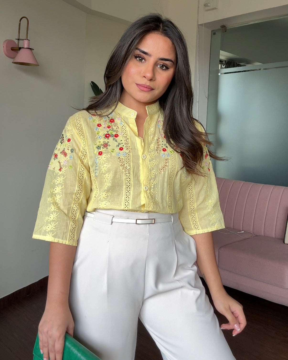 Cut Work China Collared Cut Sleeves Embroidered Cotton Shirt