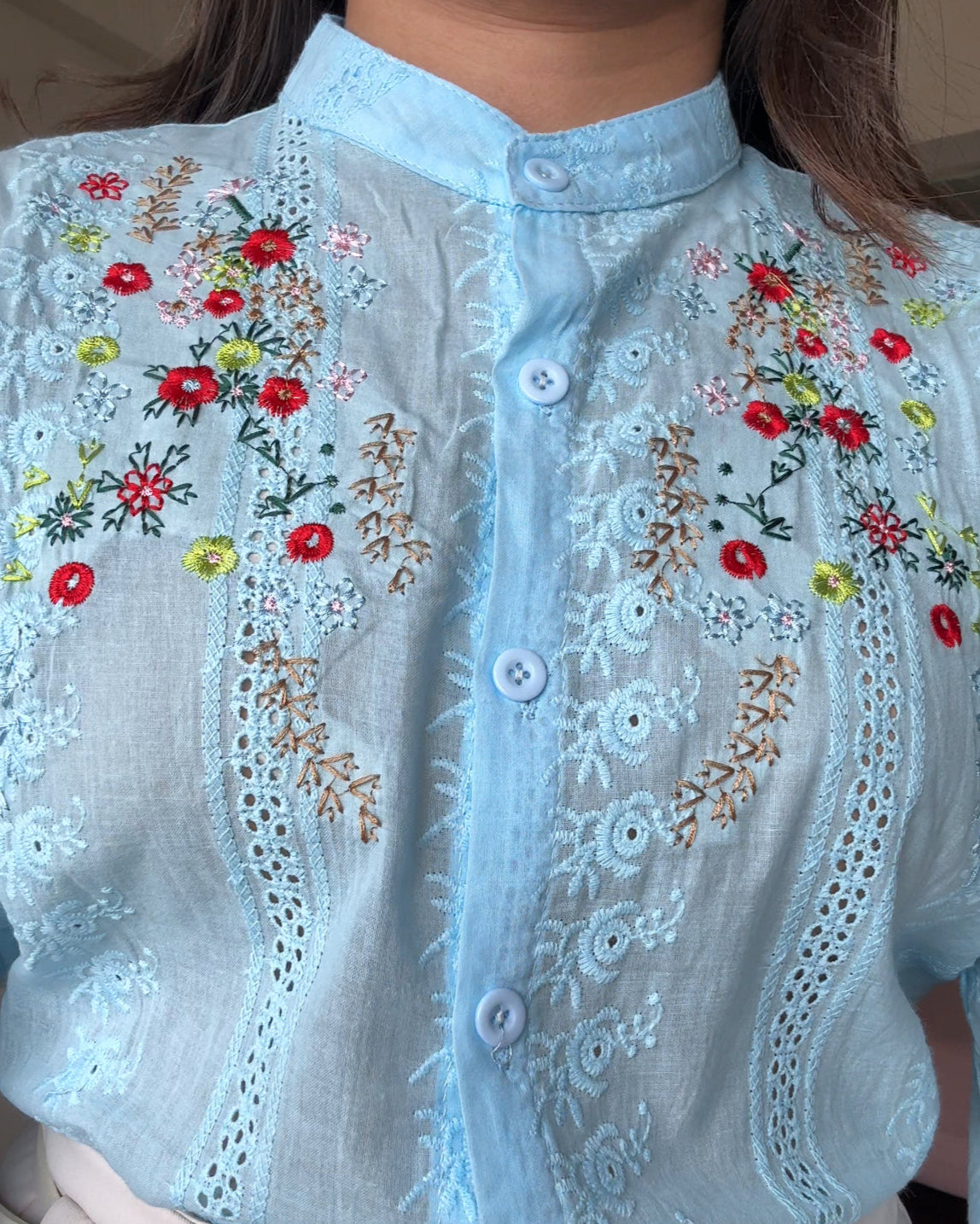 Cut Work China Collared Cut Sleeves Embroidered Cotton Shirt