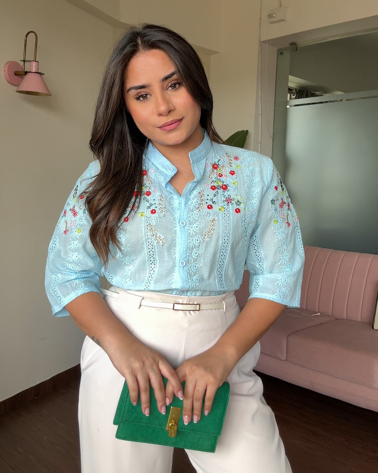 Cut Work China Collared Cut Sleeves Embroidered Cotton Shirt