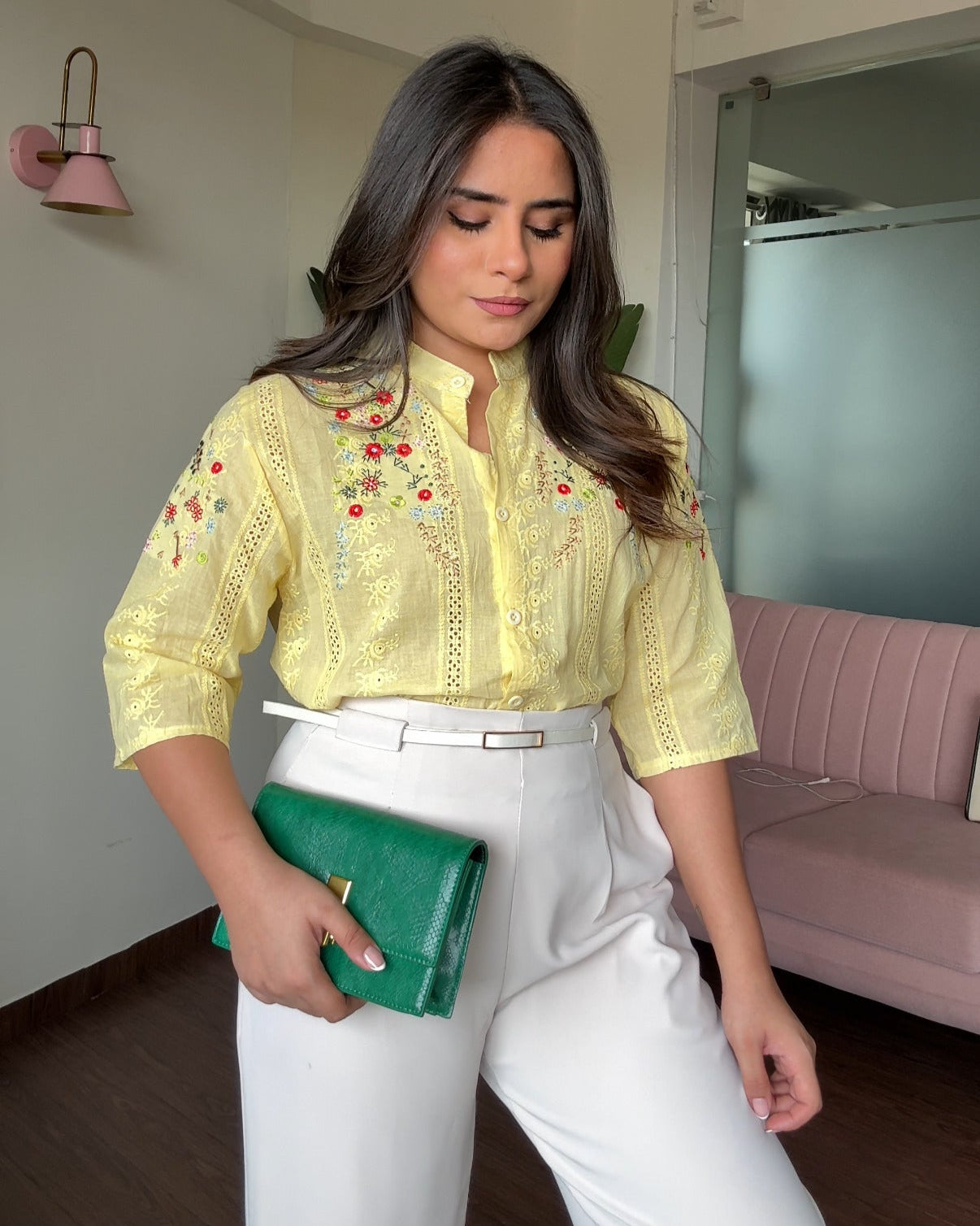 Cut Work China Collared Cut Sleeves Embroidered Cotton Shirt