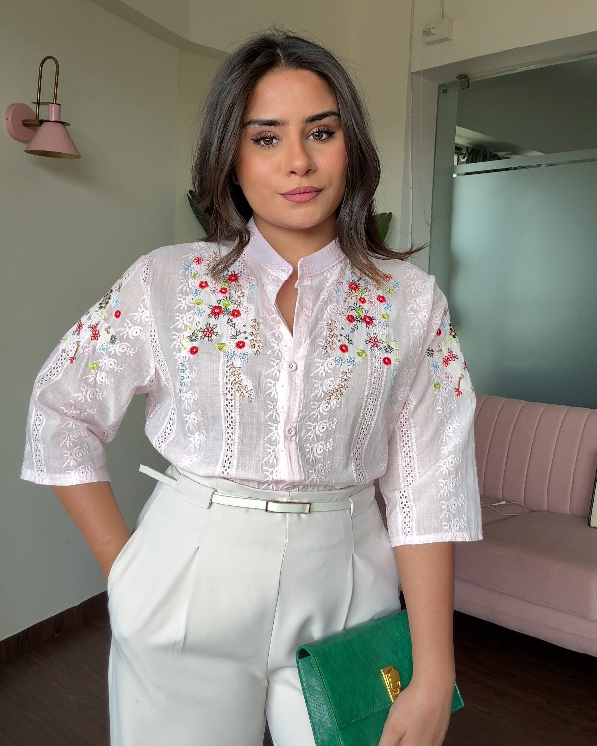 Cut Work China Collared Cut Sleeves Embroidered Cotton Shirt