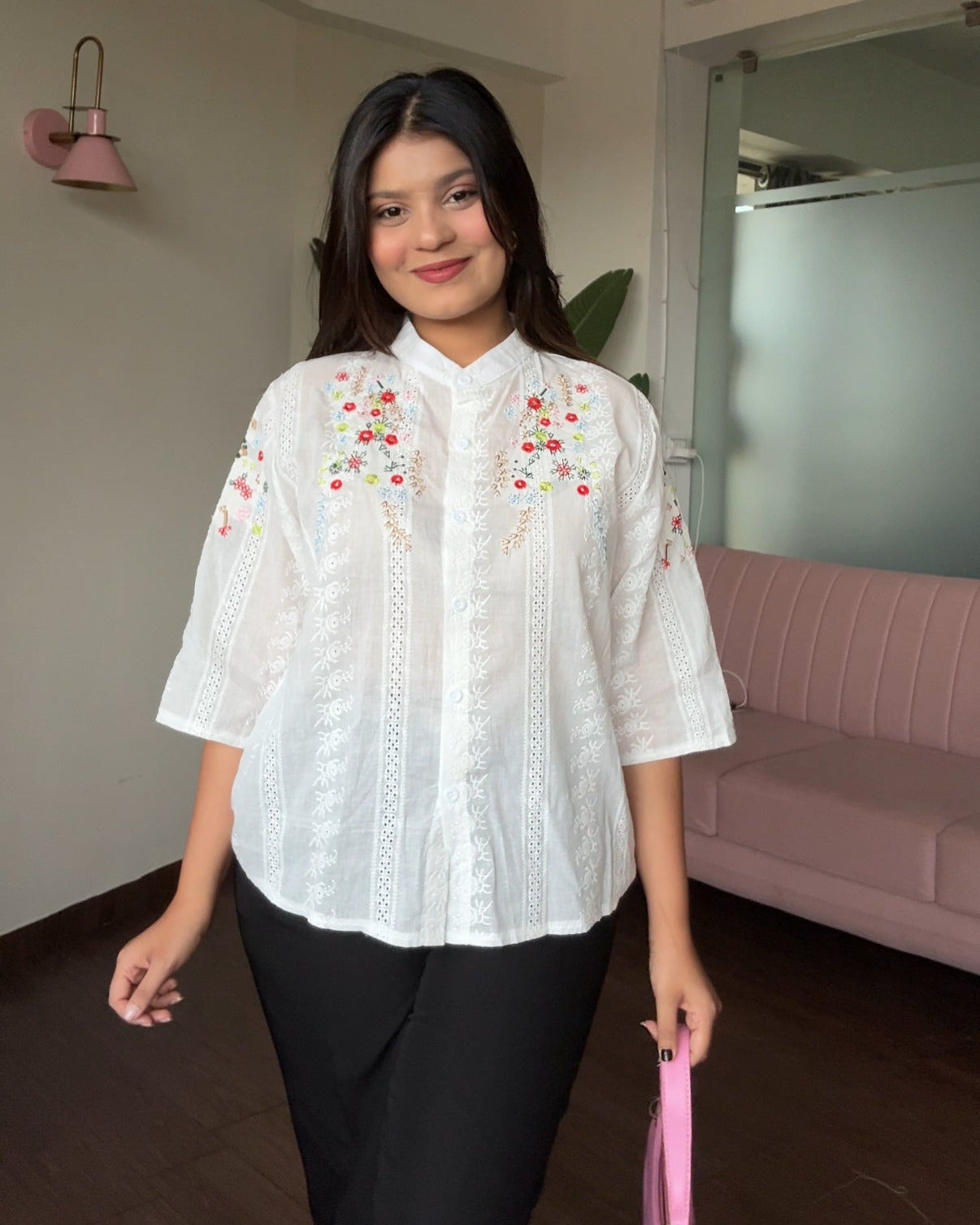 Cut Work China Collared Cut Sleeves Embroidered Cotton Shirt