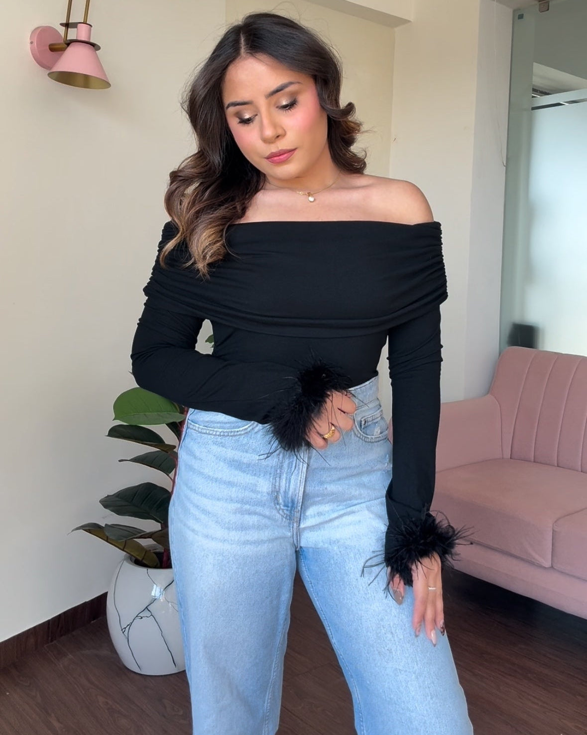 Off Shoulder Fur Detailing Full Sleeve Top
