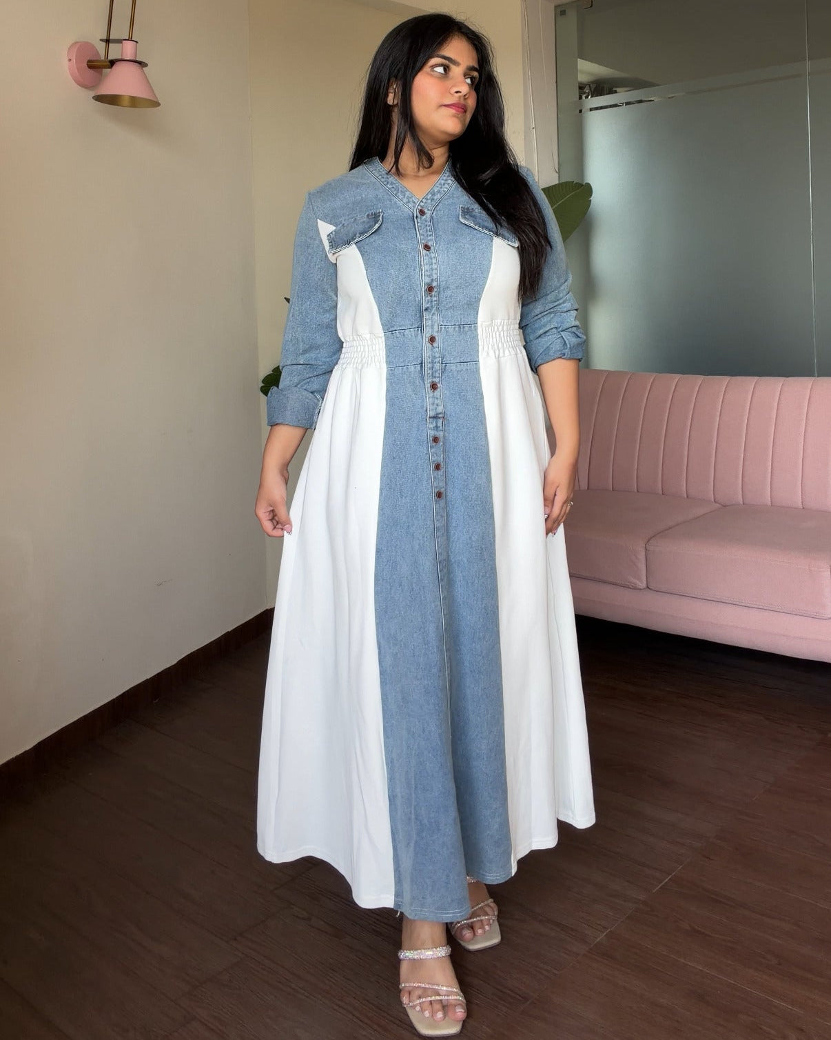 Denim Contrast Detailing Waist Adjustable Midi Flared Dress