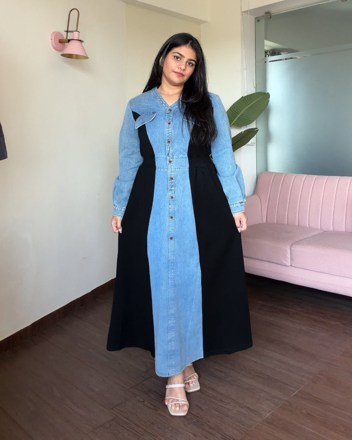 Denim Contrast Detailing Waist Adjustable Midi Flared Dress