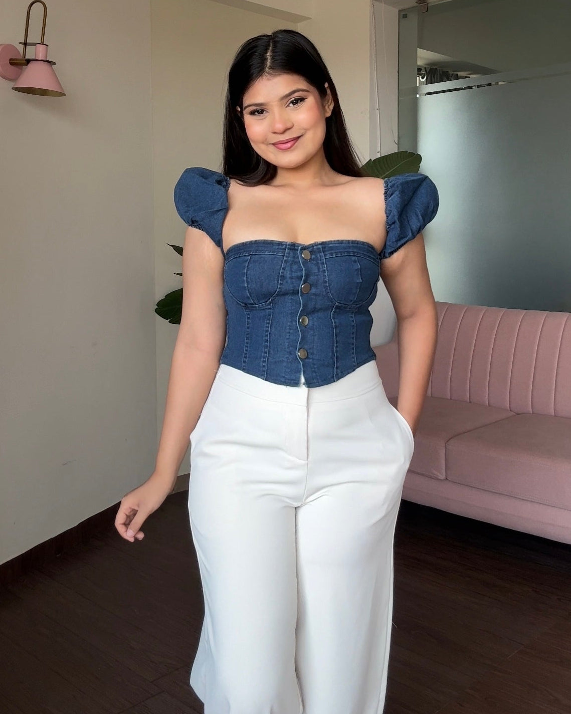 Denim Corset Inspired Puff Sleeve Fitted Top