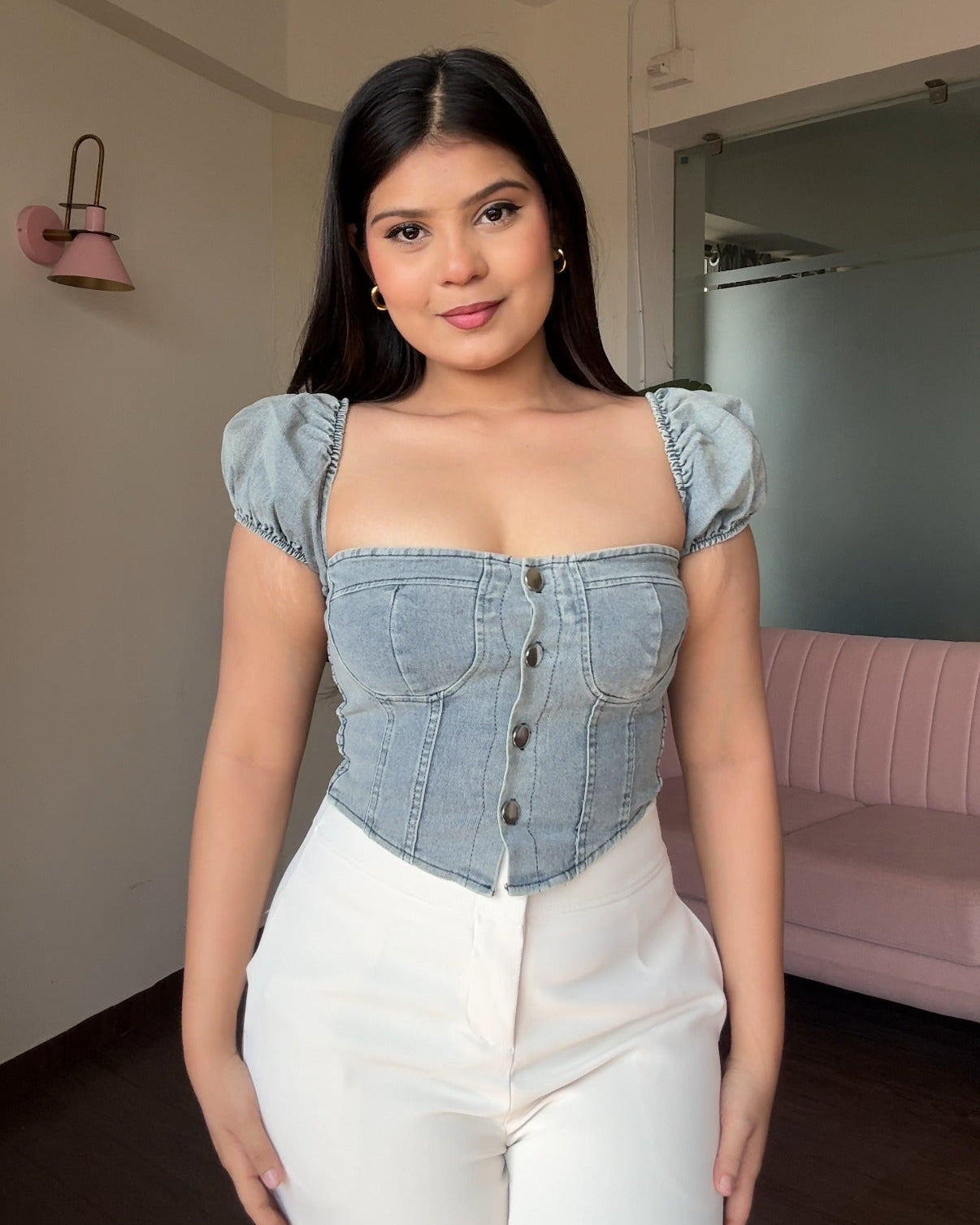 Denim Corset Inspired Puff Sleeve Fitted Top