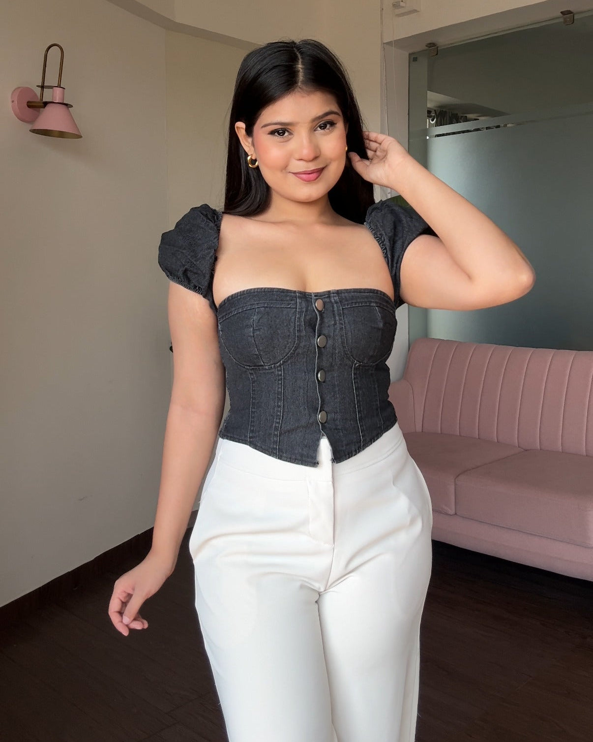 Denim Corset Inspired Puff Sleeve Fitted Top