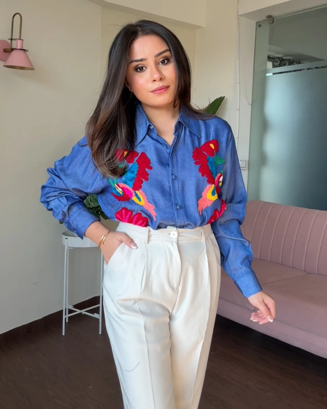 Denim Multicolor Embroidery Shirt