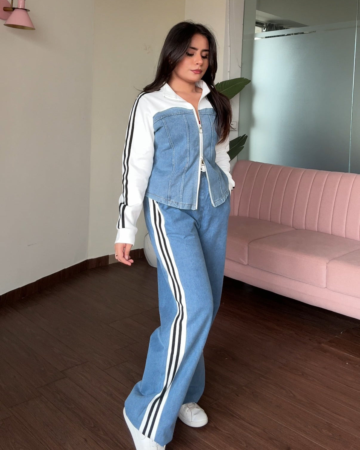 Denim Zip Up Contrast Detailing Co-ord Set