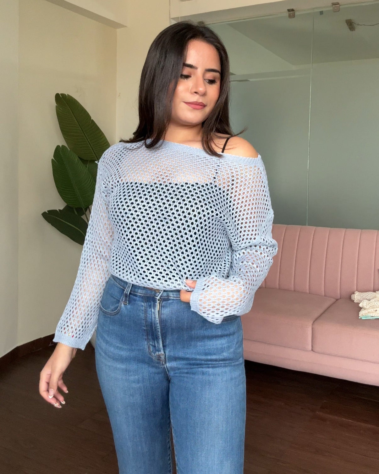 Drop Shoulder Crochet Top With Padded Cami Top