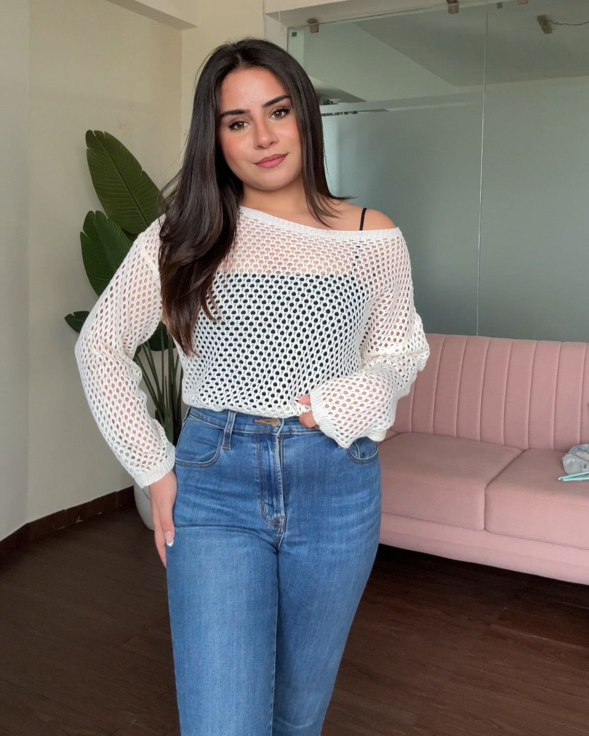 Drop Shoulder Crochet Top With Padded Cami Top