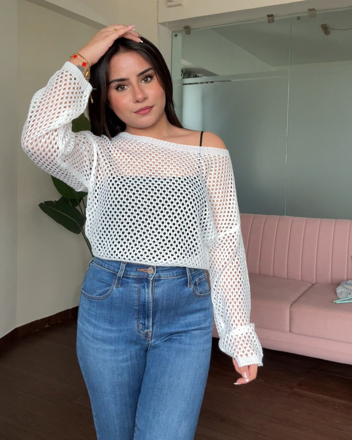 Drop Shoulder Crochet Top With Padded Cami Top