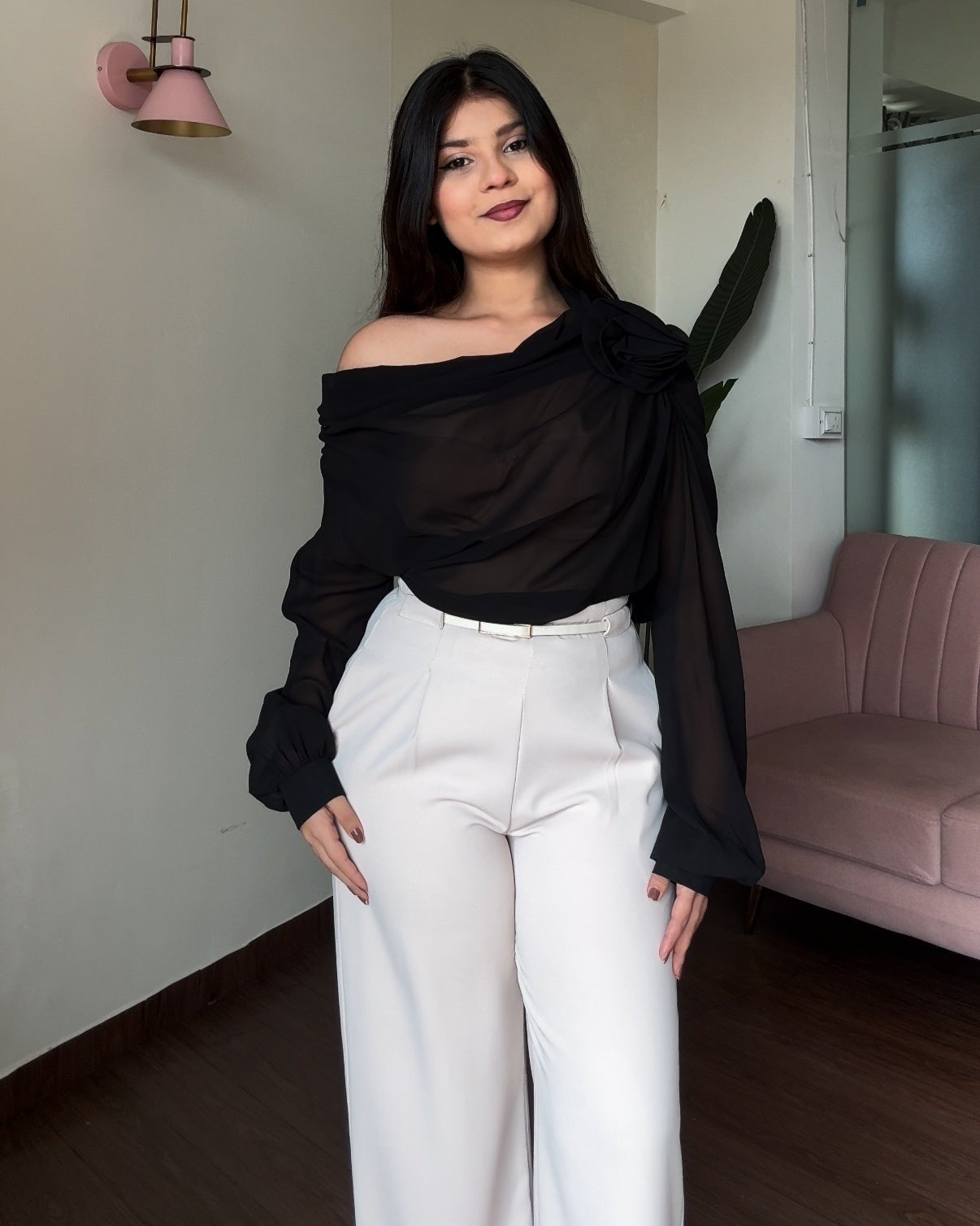 Drop Shoulder Draped Rose Detailing Top