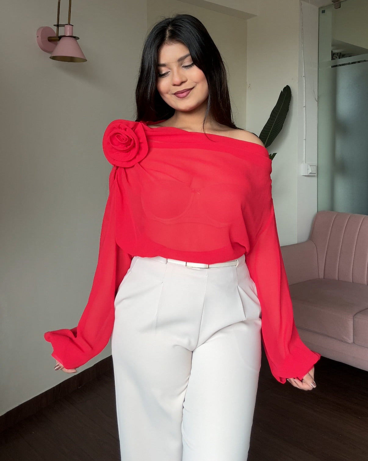 Drop Shoulder Draped Rose Detailing Top