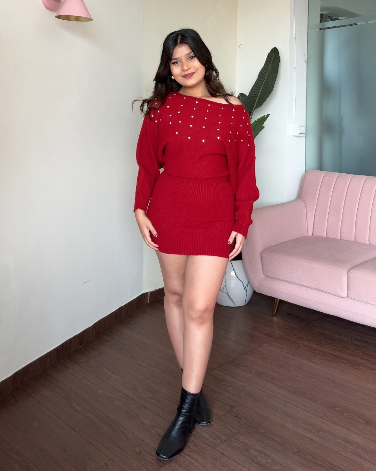Drop Shoulder Stone Detailing Winter Sweater Dress