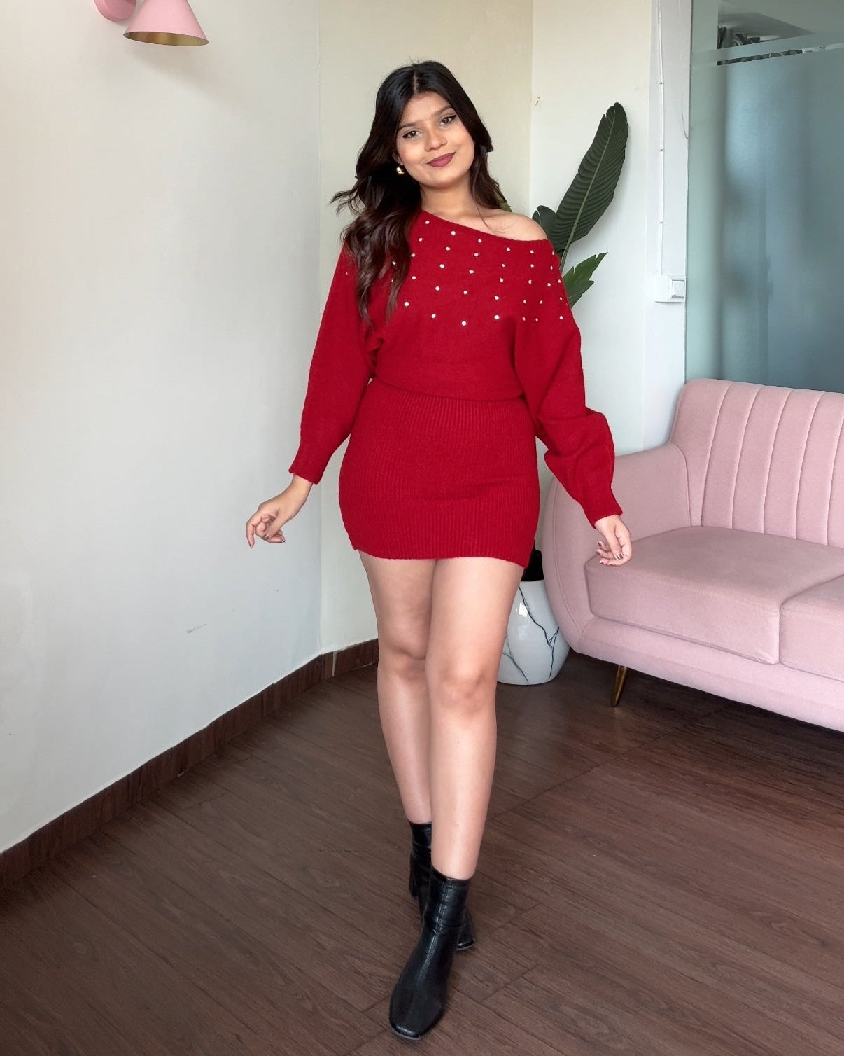 Drop Shoulder Stone Detailing Winter Sweater Dress