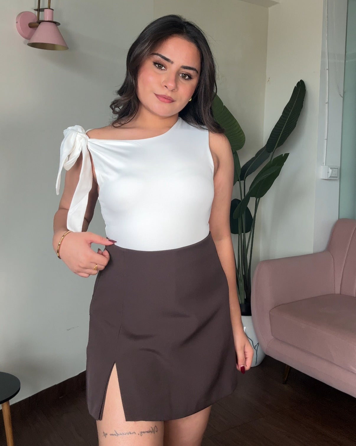 Drop Shoulder Tie Up Fitted Bodysuit