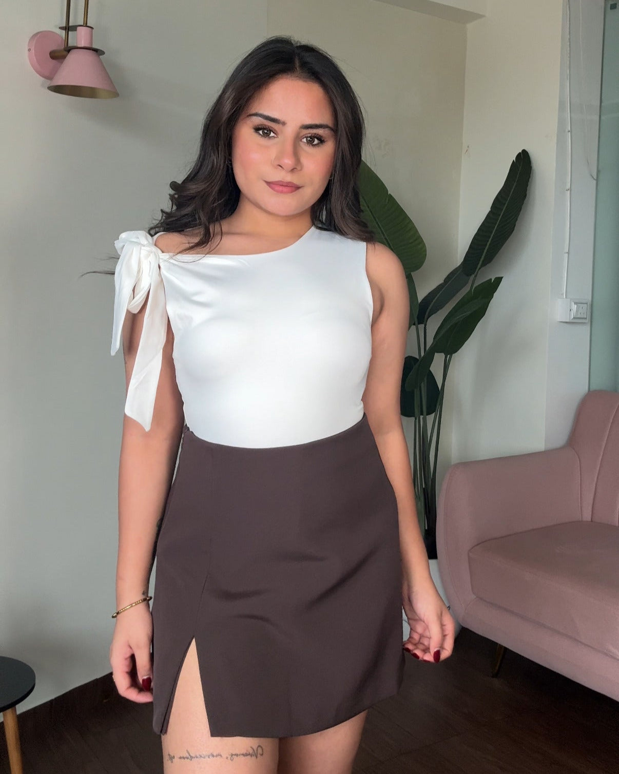 Drop Shoulder Tie Up Fitted Bodysuit