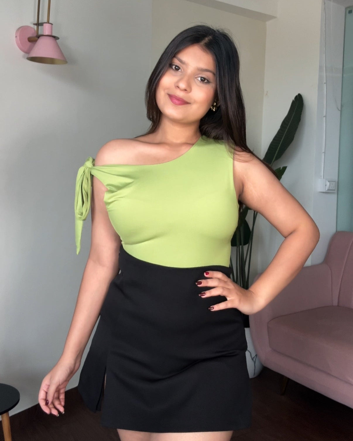Drop Shoulder Tie Up Fitted Bodysuit