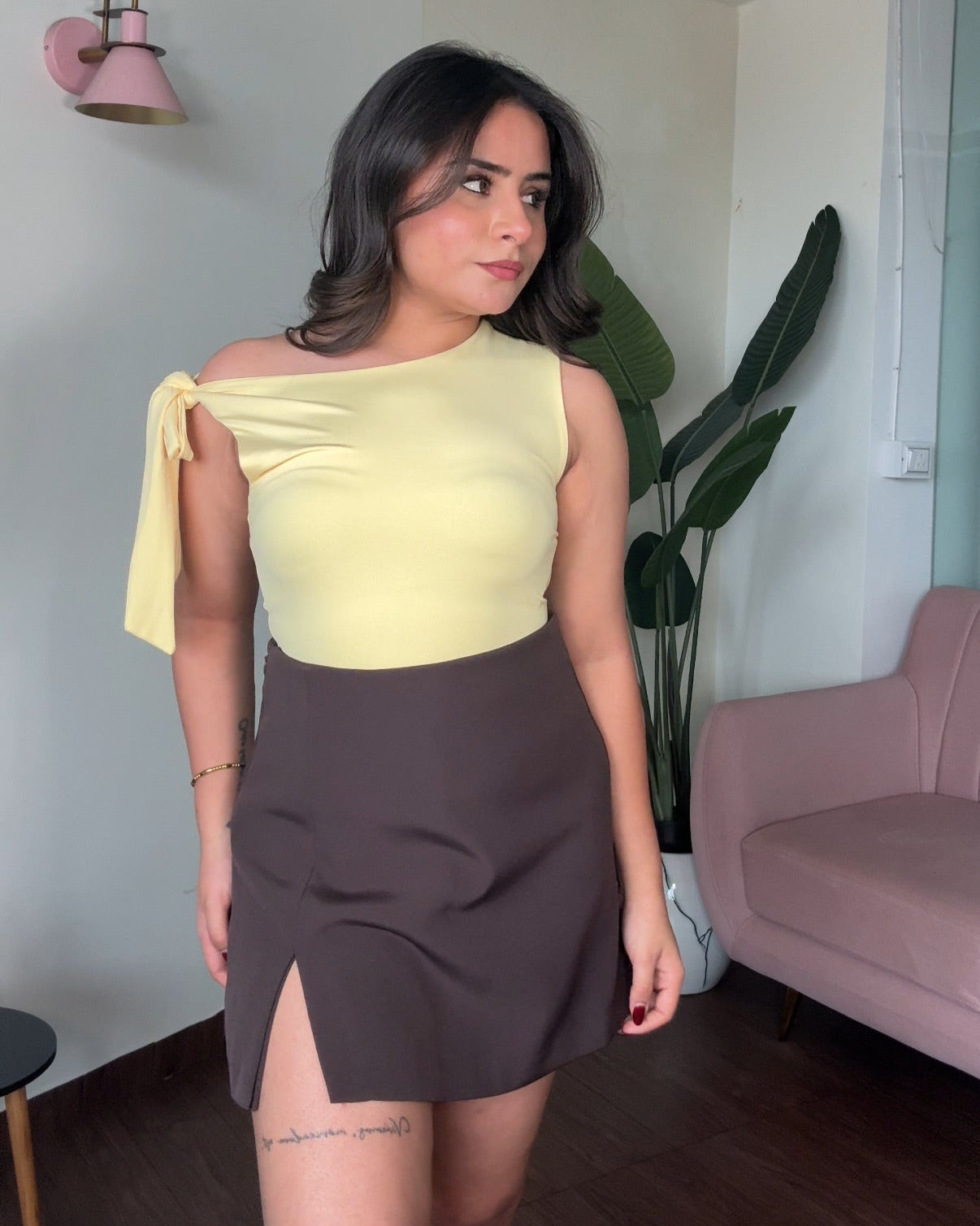 Drop Shoulder Tie Up Fitted Bodysuit