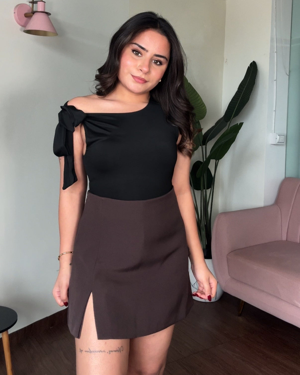 Drop Shoulder Tie Up Fitted Bodysuit
