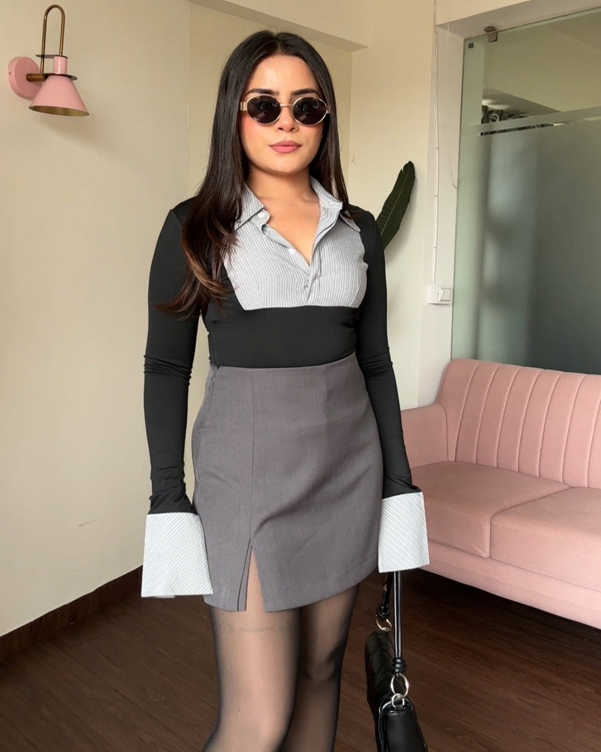 Dual Pattern Fitted Shirt Style Top