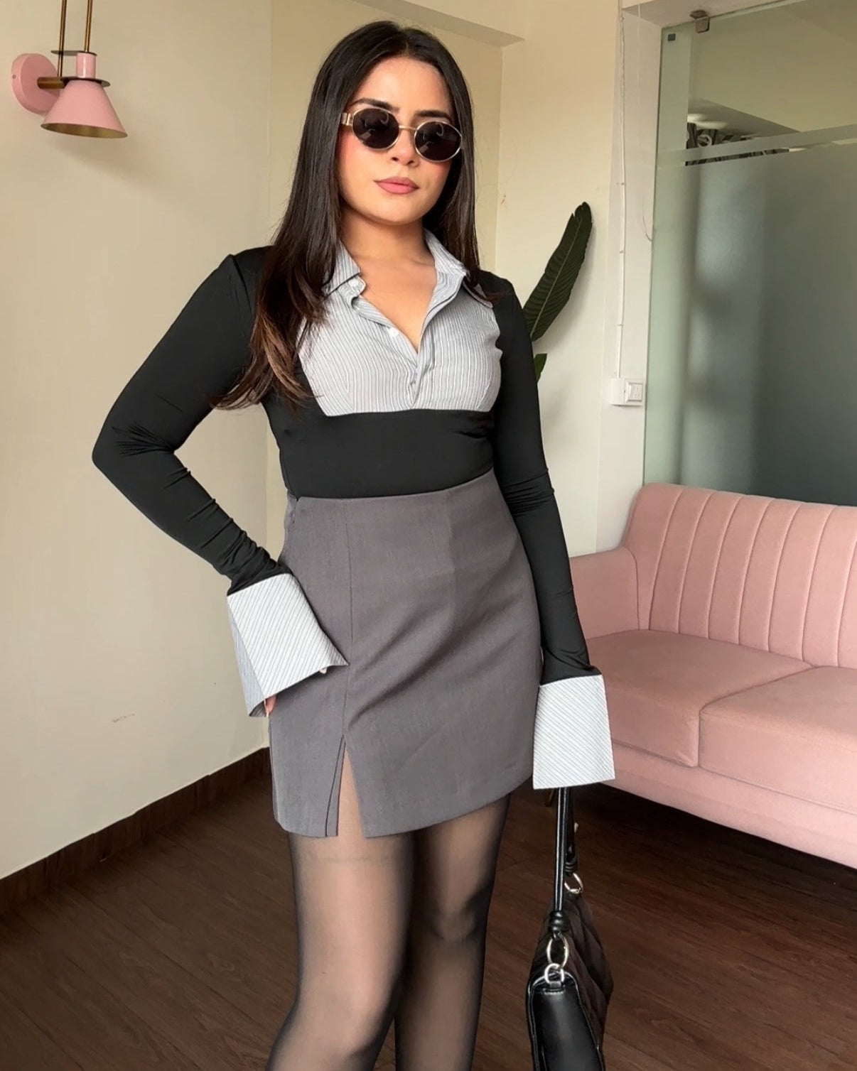 Dual Pattern Fitted Shirt Style Top