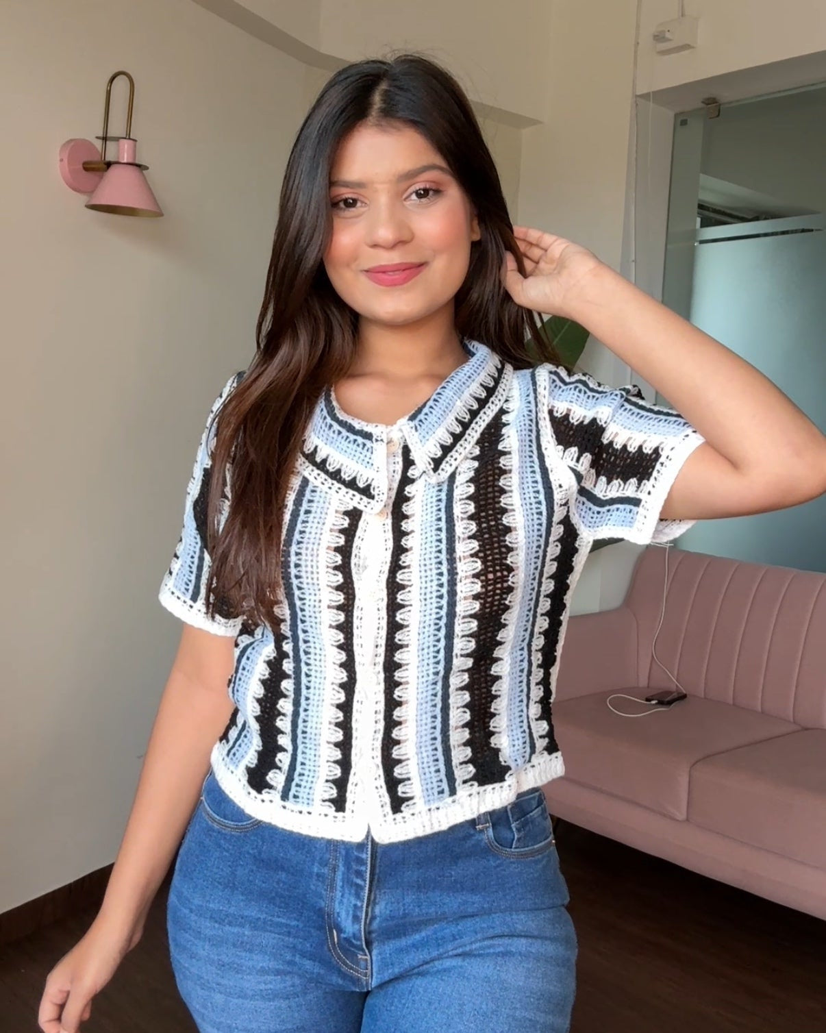 Dual Tone Striped Crochet Cropped Shirt