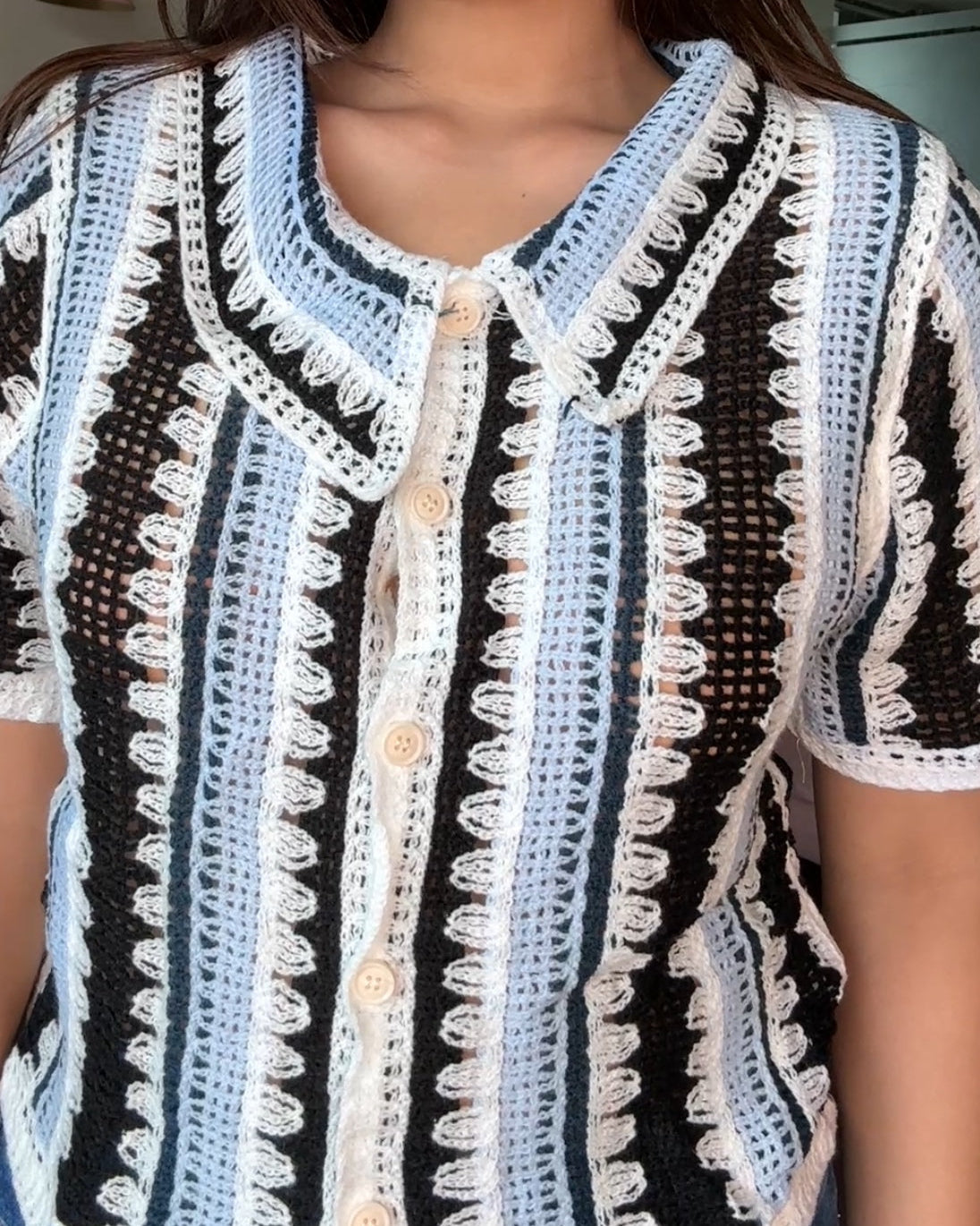 Dual Tone Striped Crochet Cropped Shirt