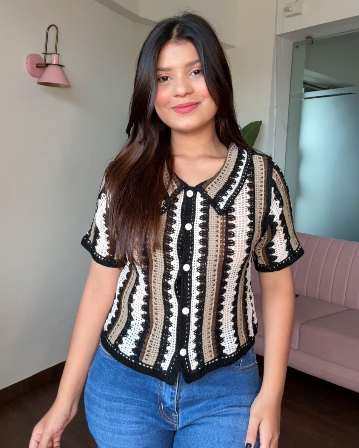 Dual Tone Striped Crochet Cropped Shirt