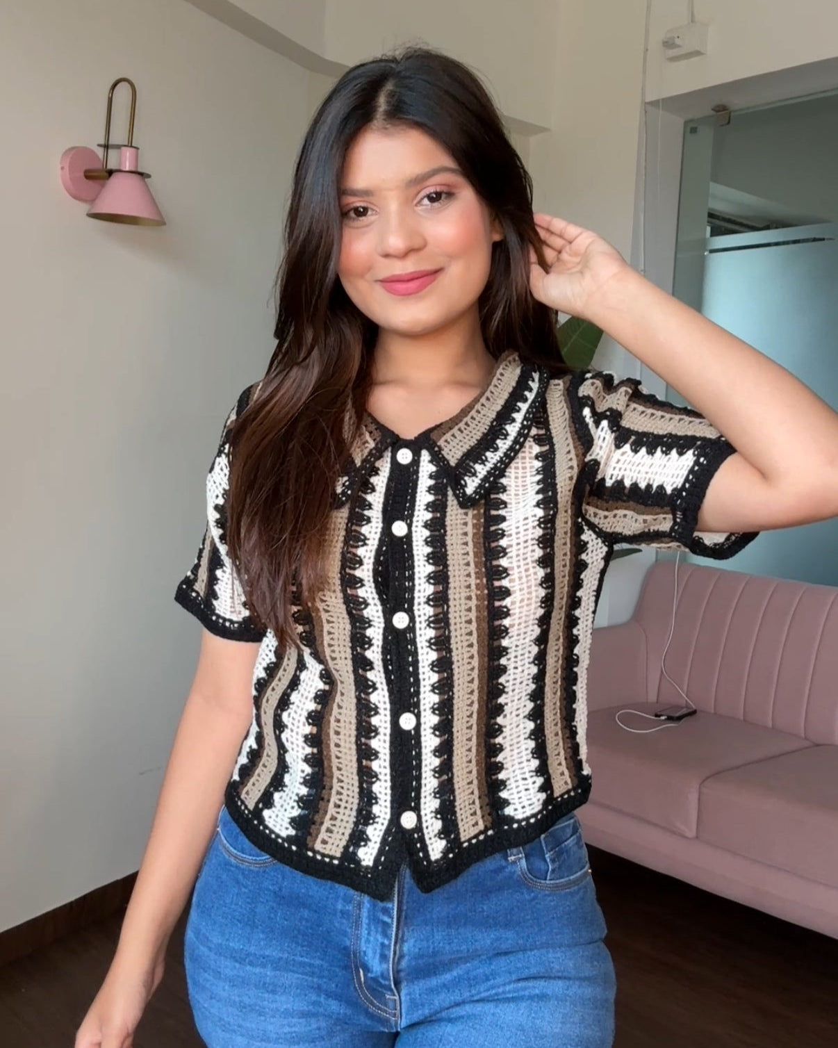 Dual Tone Striped Crochet Cropped Shirt