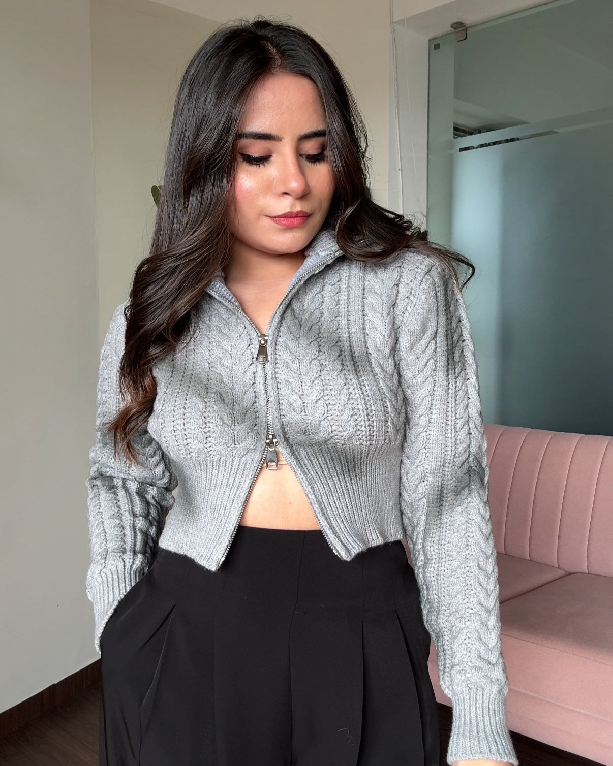 Dual Zipper Chucky Textured Knitted Cropped Jacket