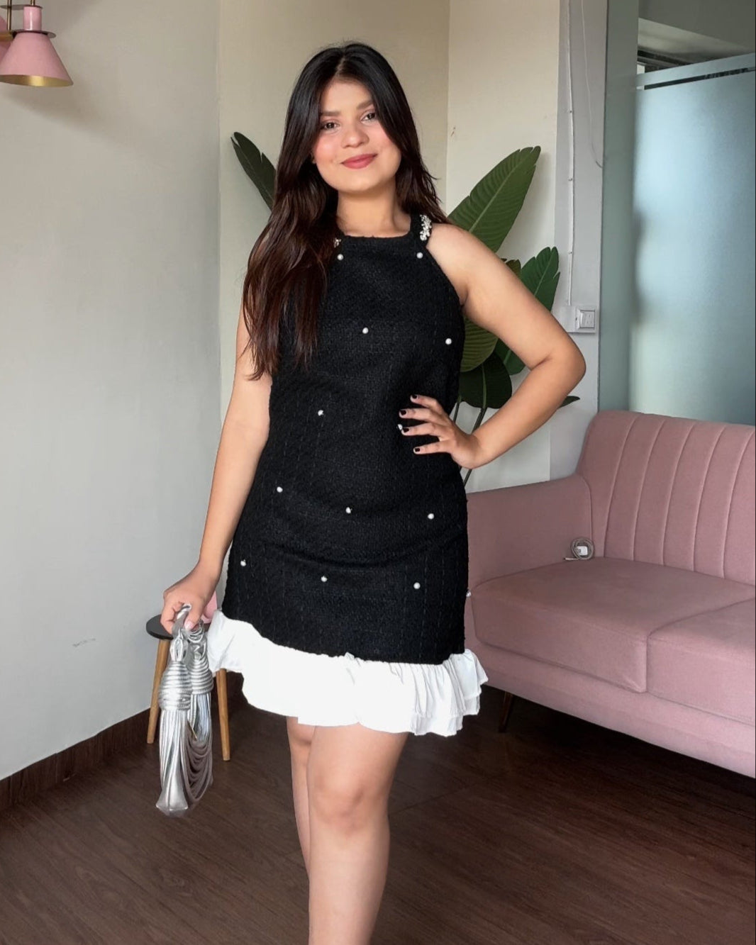 Embellished Tweed Ruffle Hem Detail Mini Dress