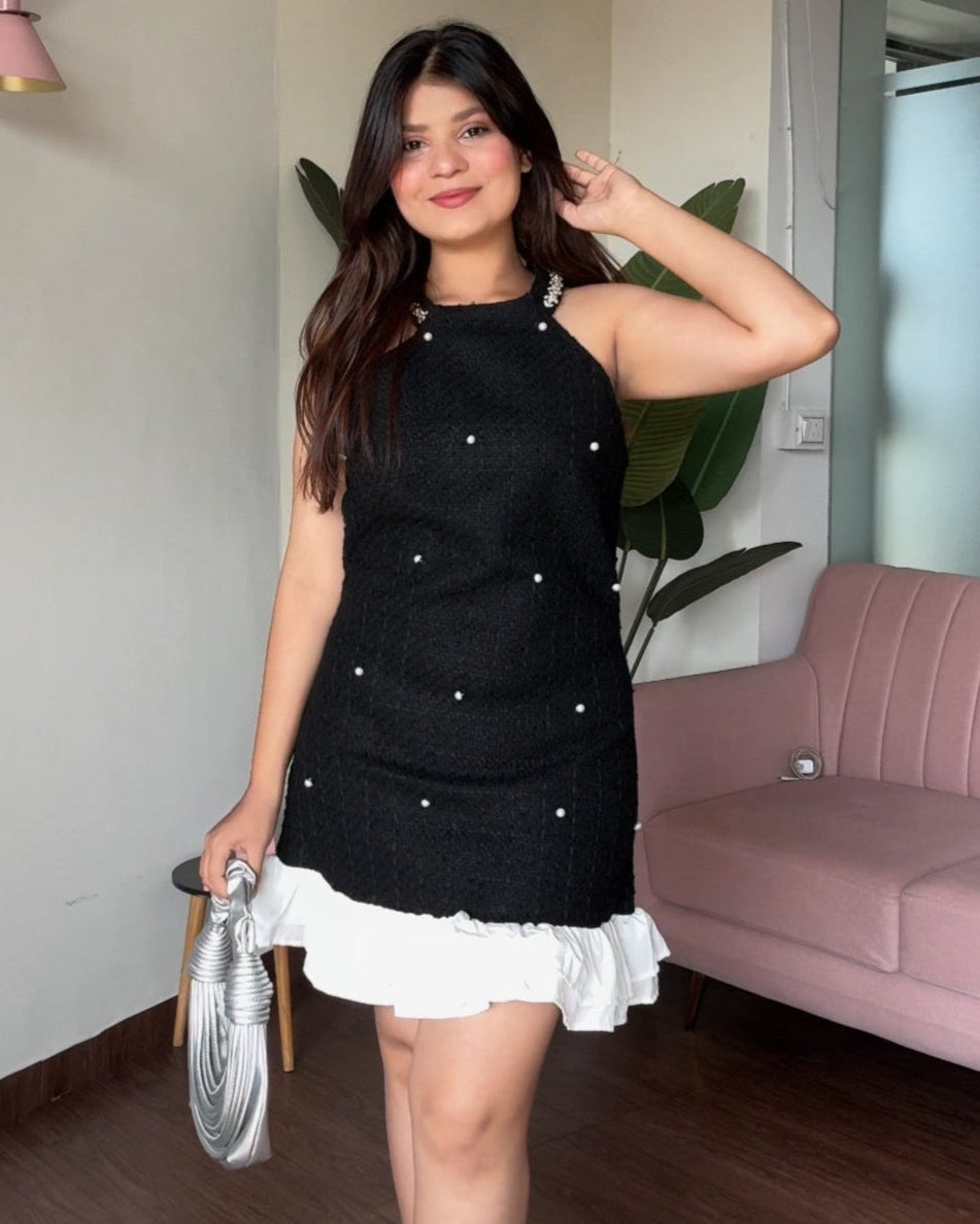 Embellished Tweed Ruffle Hem Detail Mini Dress