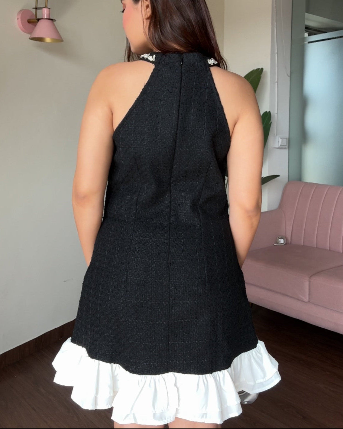 Embellished Tweed Ruffle Hem Detail Mini Dress