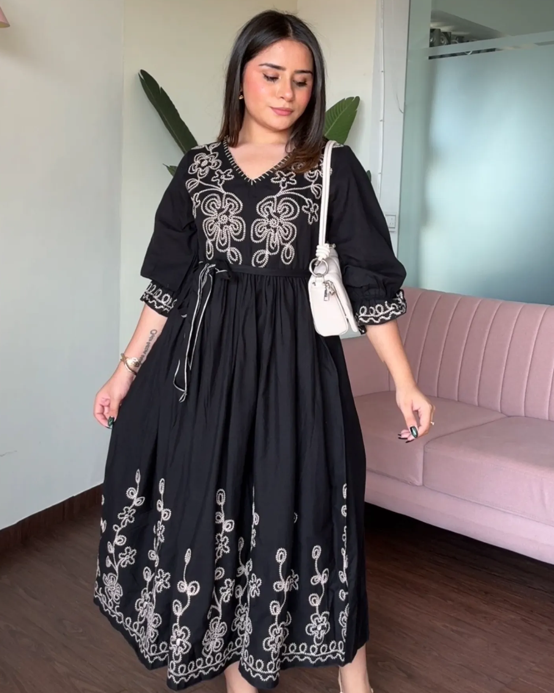 Embroidered Black V Neck Midi Dress With Belt