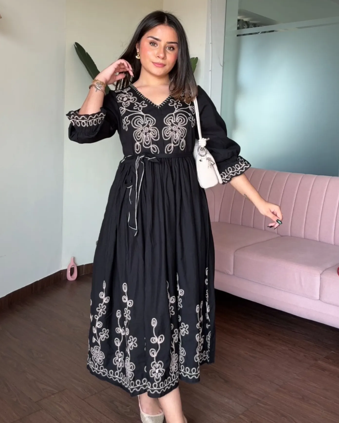 Embroidered Black V Neck Midi Dress With Belt