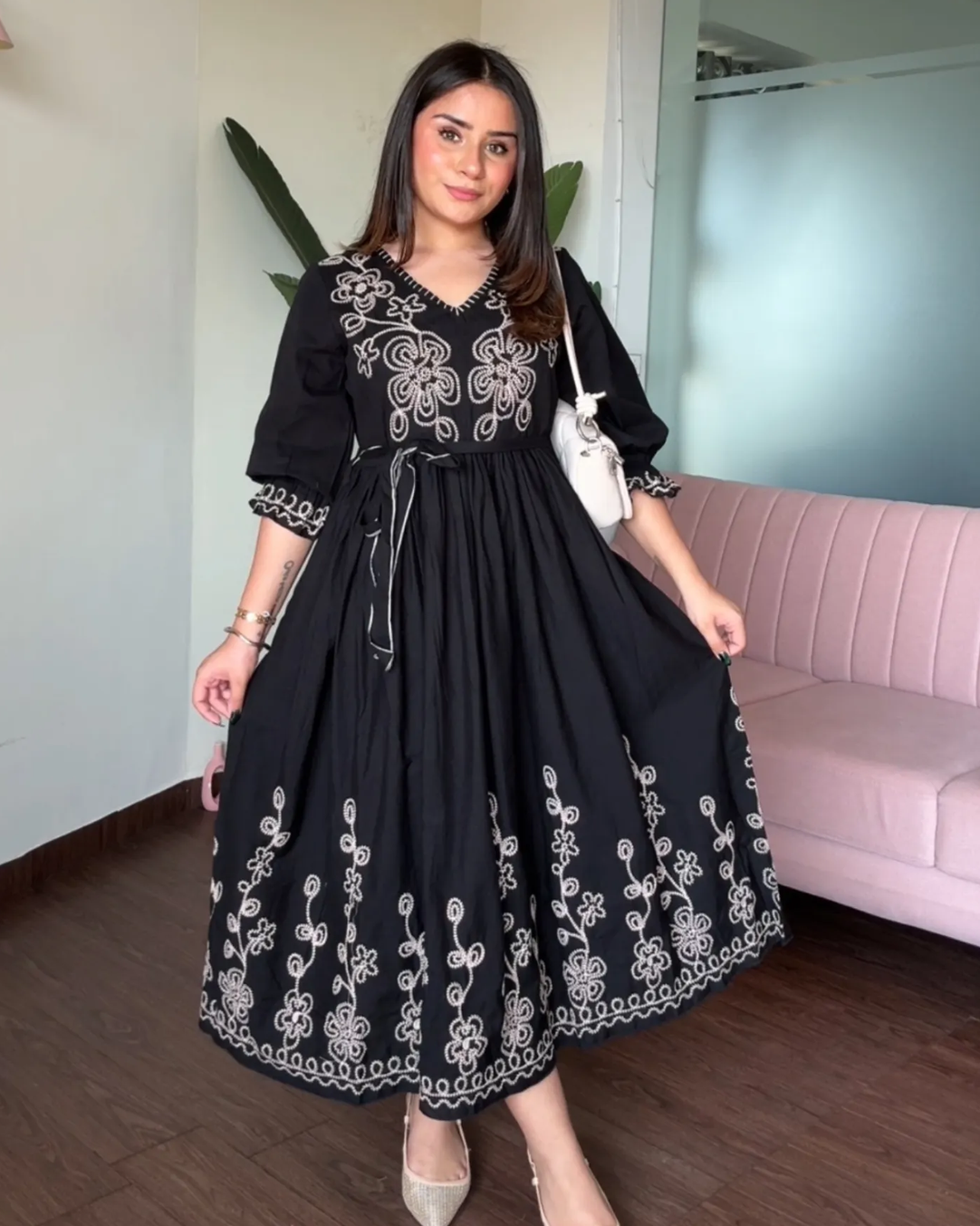 Embroidered Black V Neck Midi Dress With Belt