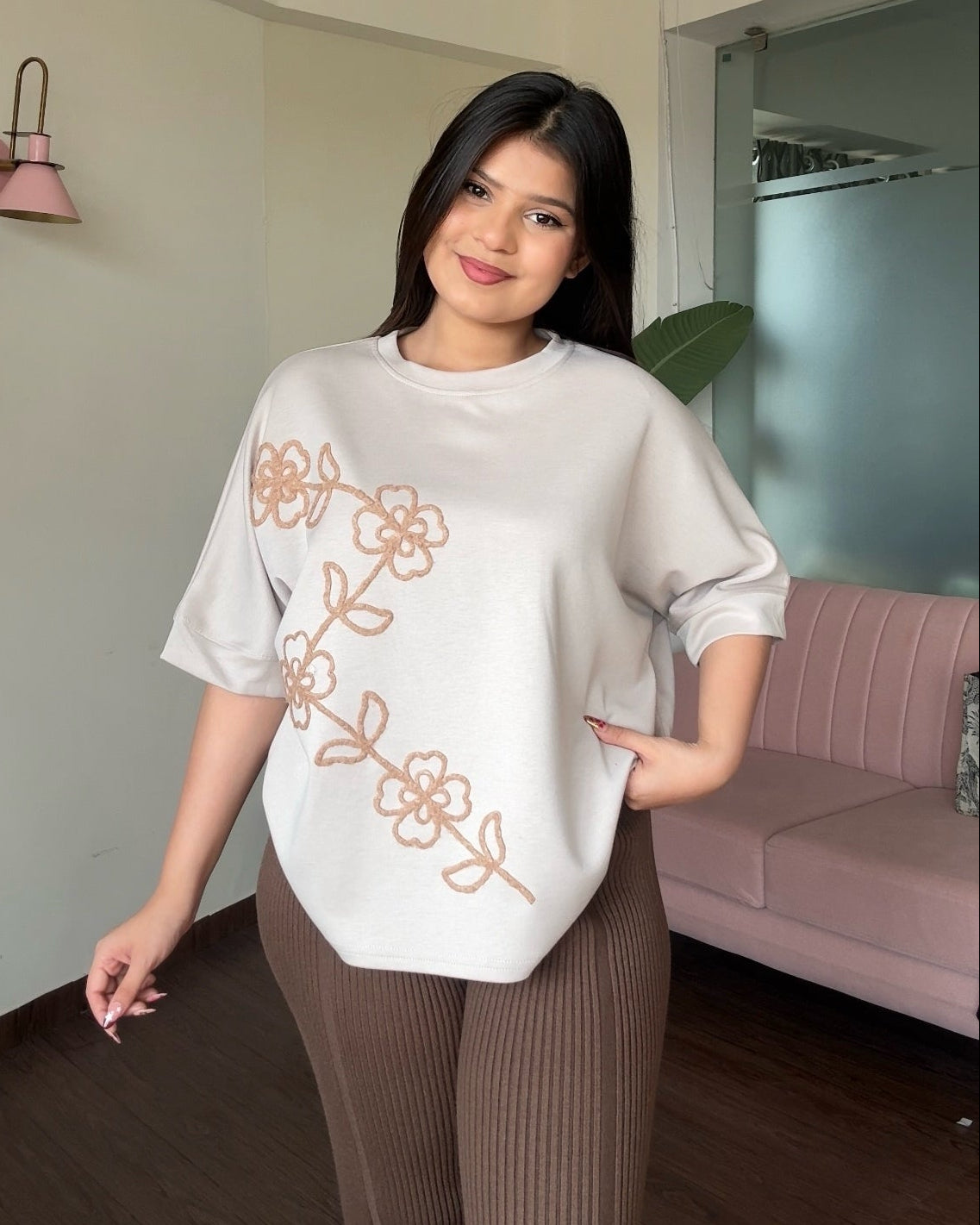 Embroidered Line Floral Detailing Relaxed Tee