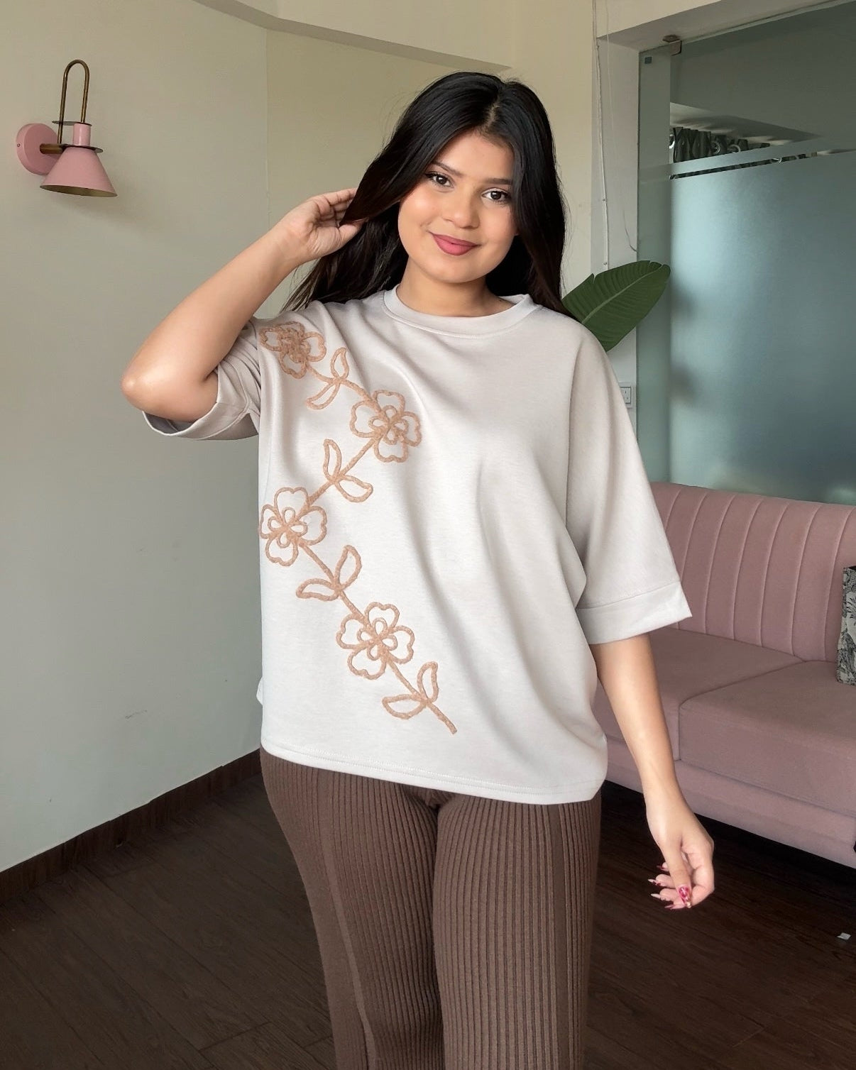 Embroidered Line Floral Detailing Relaxed Tee