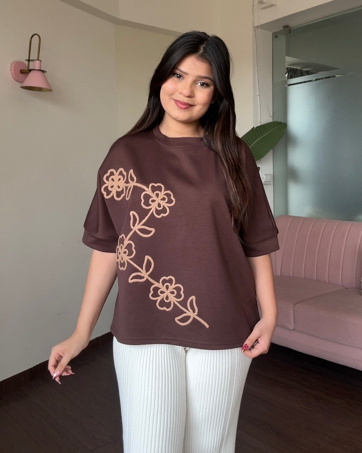 Embroidered Line Floral Detailing Relaxed Tee