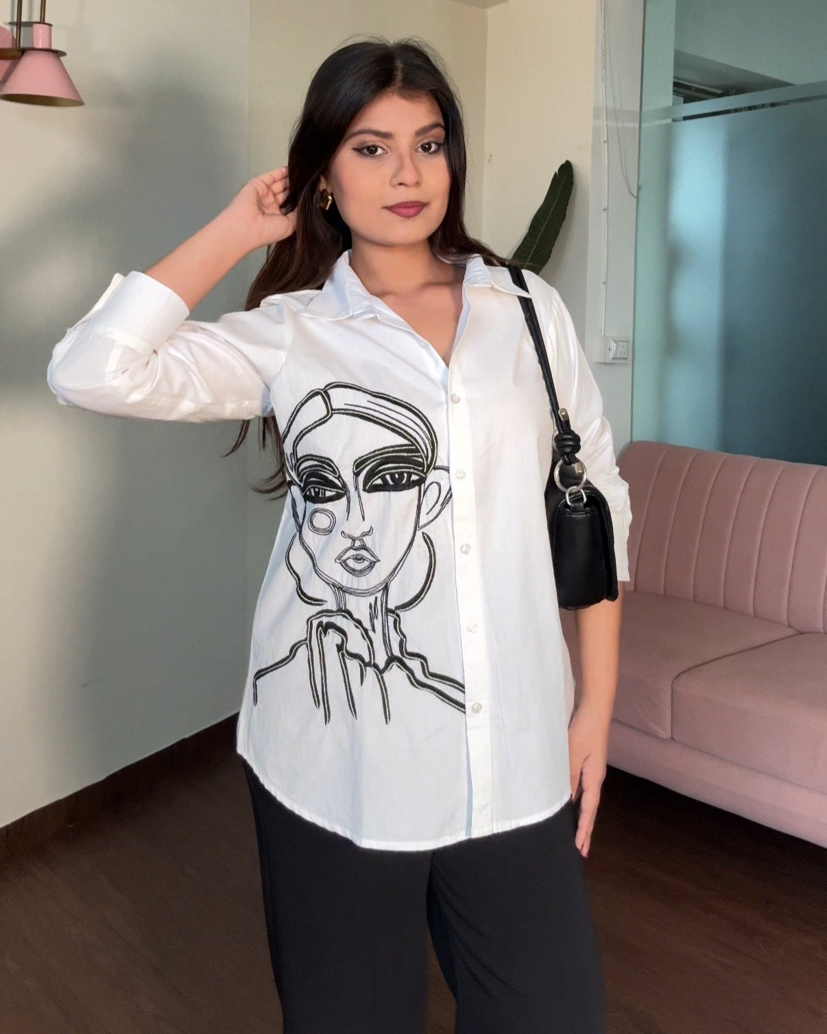 Face Illustration Embroidered Basic White Shirt