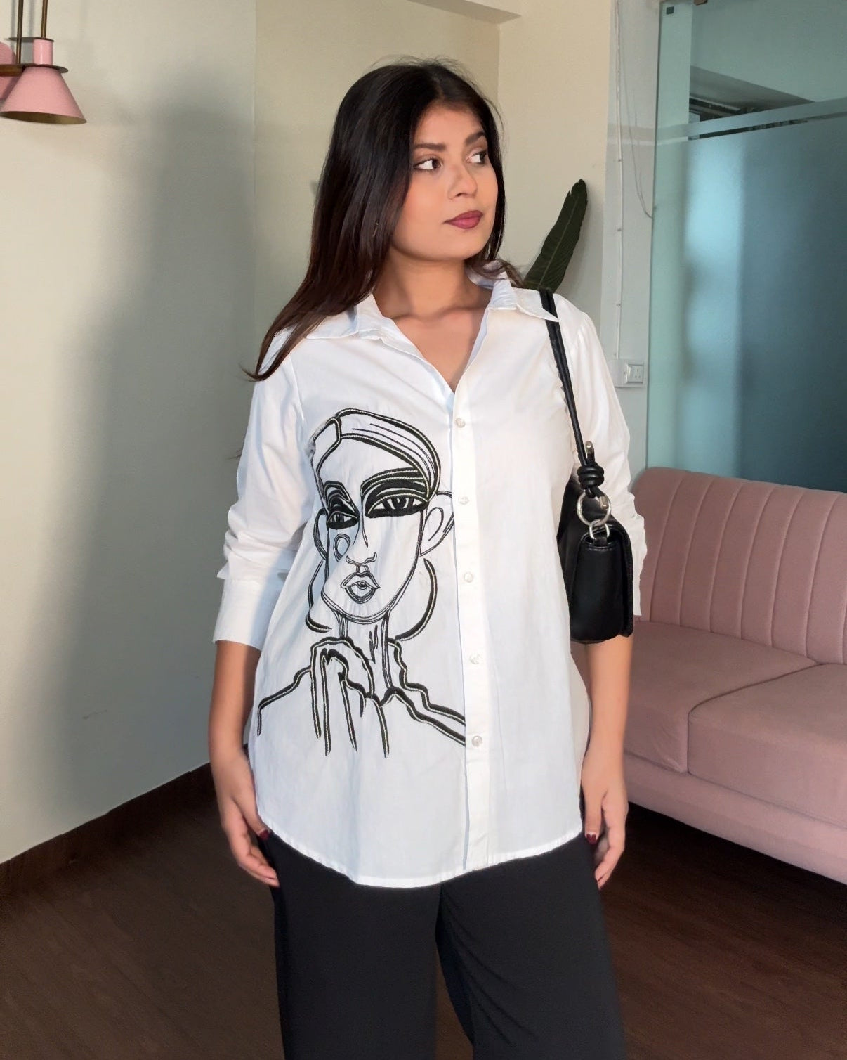Face Illustration Embroidered Basic White Shirt