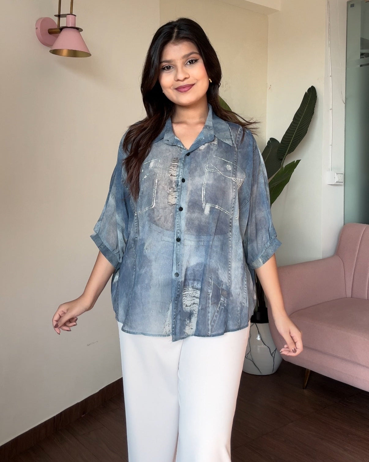 Faux Denim Patchwork Shirt