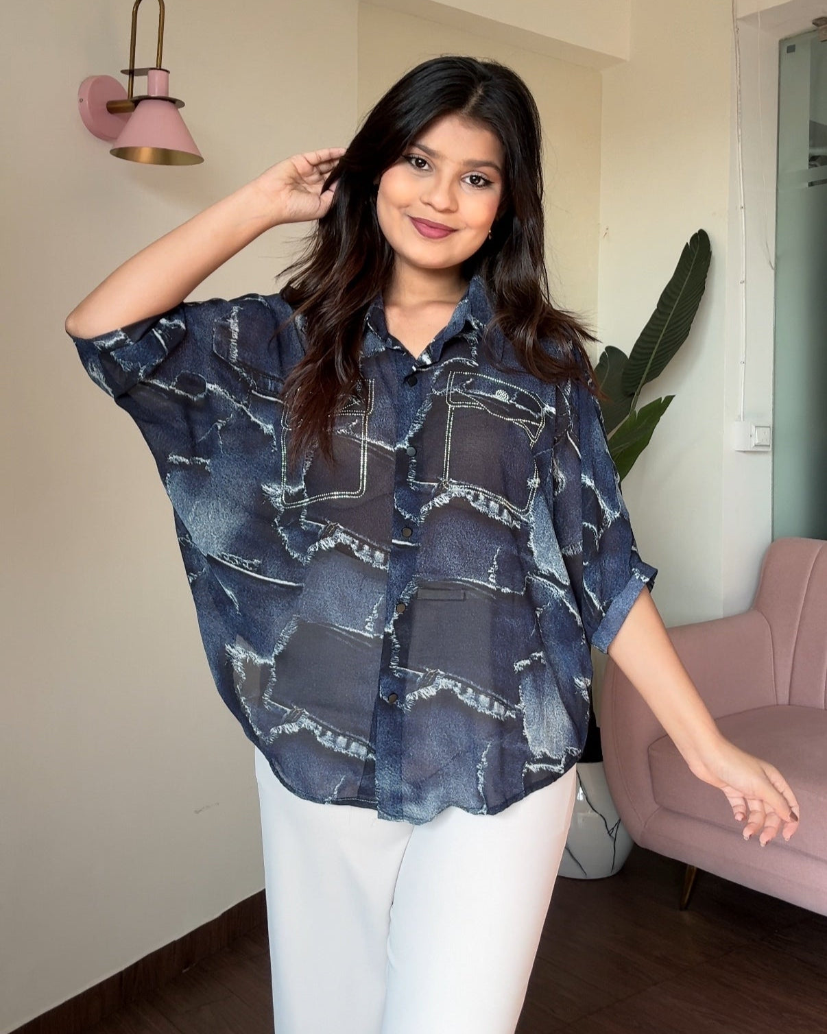 Faux Denim Patchwork Shirt