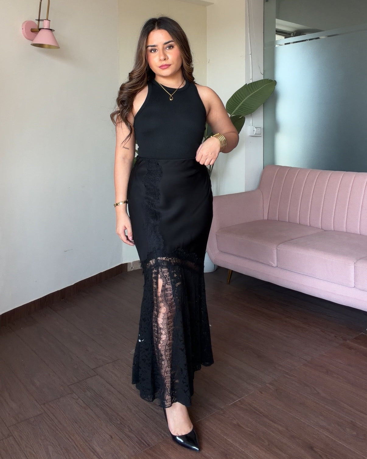 Fish Cut Satin Lace Detailing Midi Skirt