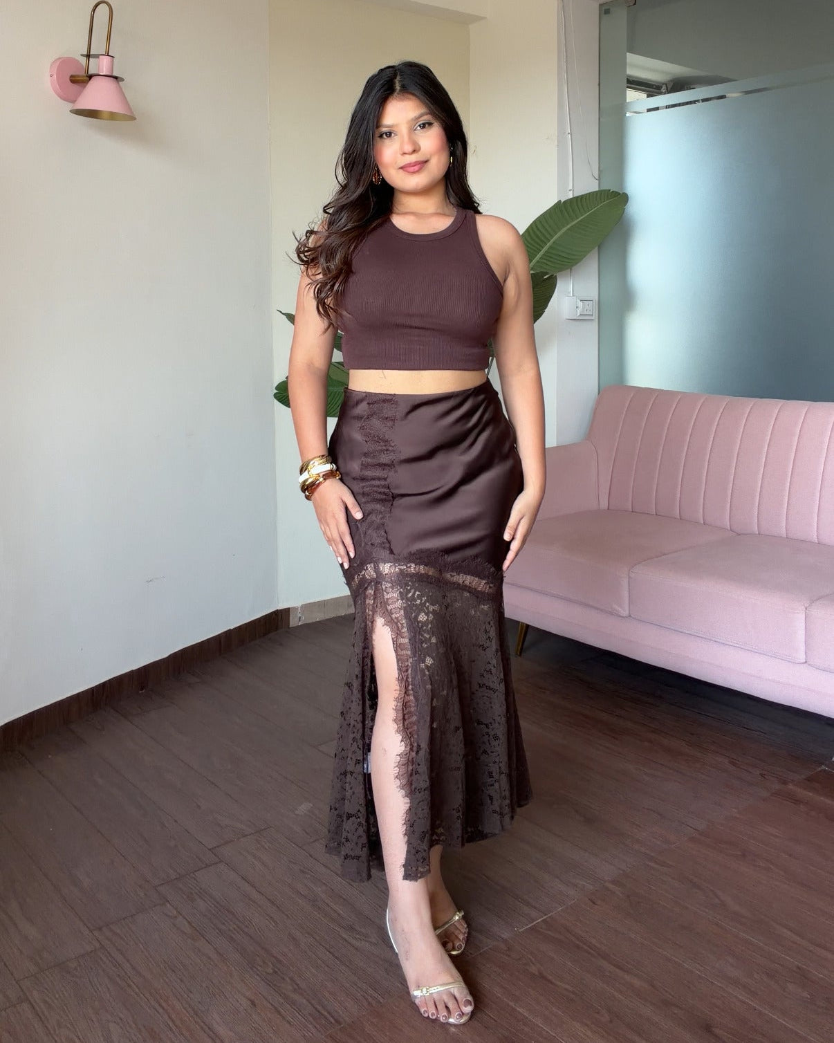 Fish Cut Satin Lace Detailing Midi Skirt
